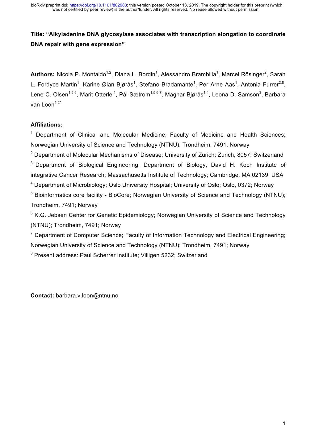 Alkyladenine DNA Glycosylase Associates with Transcription Elongation to Coordinate DNA Repair with Gene Expression”