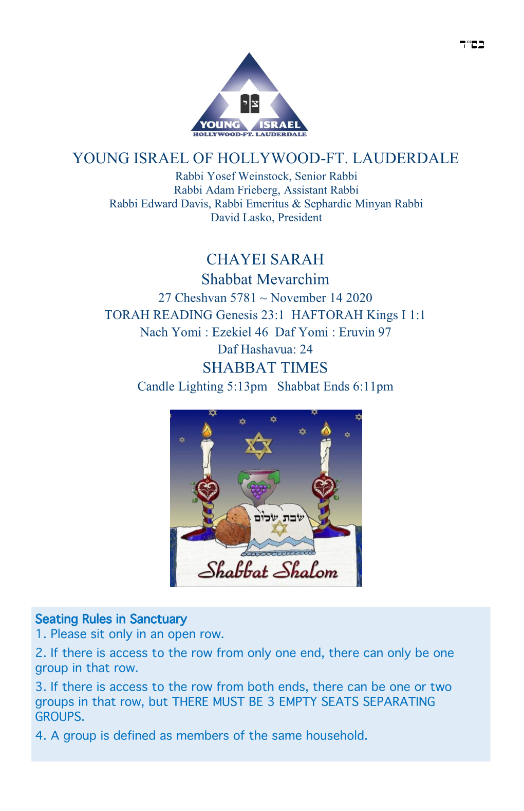 YOUNG ISRAEL of HOLLYWOOD-FT. LAUDERDALE CHAYEI SARAH Shabbat Mevarchim SHABBAT TIMES