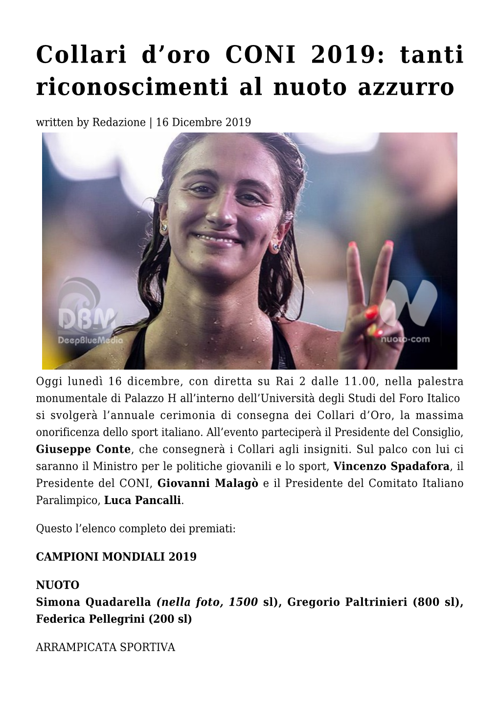 Collari D&#8217;Oro CONI 2019: Tanti Riconoscimenti Al