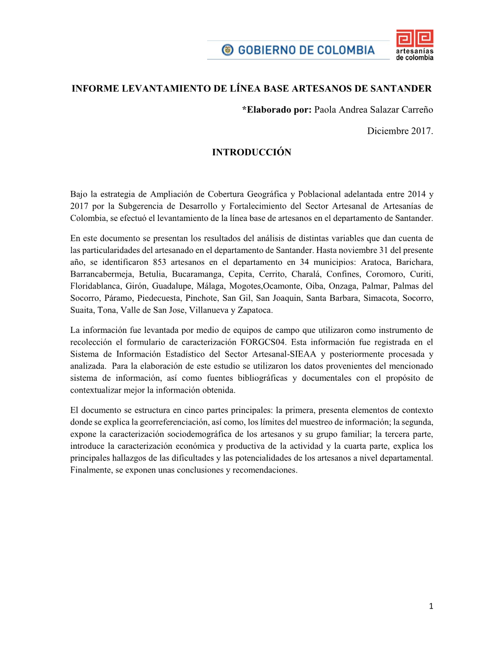 Informe Levantamiento De Línea Base Artesanos De Santander