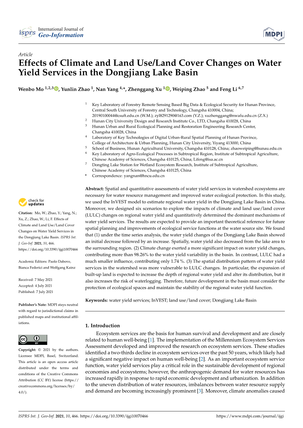 Effects of Climate and Land Use/Land Cover Changes on Water Yield Services in the Dongjiang Lake Basin