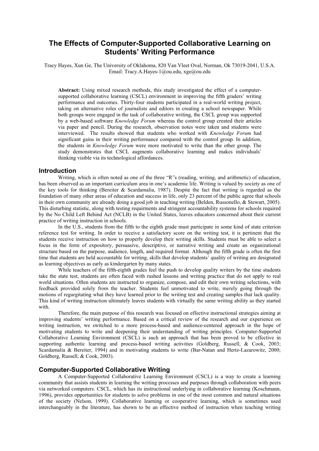 The Effects of Computer-Supported Collaborative Learning on Students’ Writing Performance