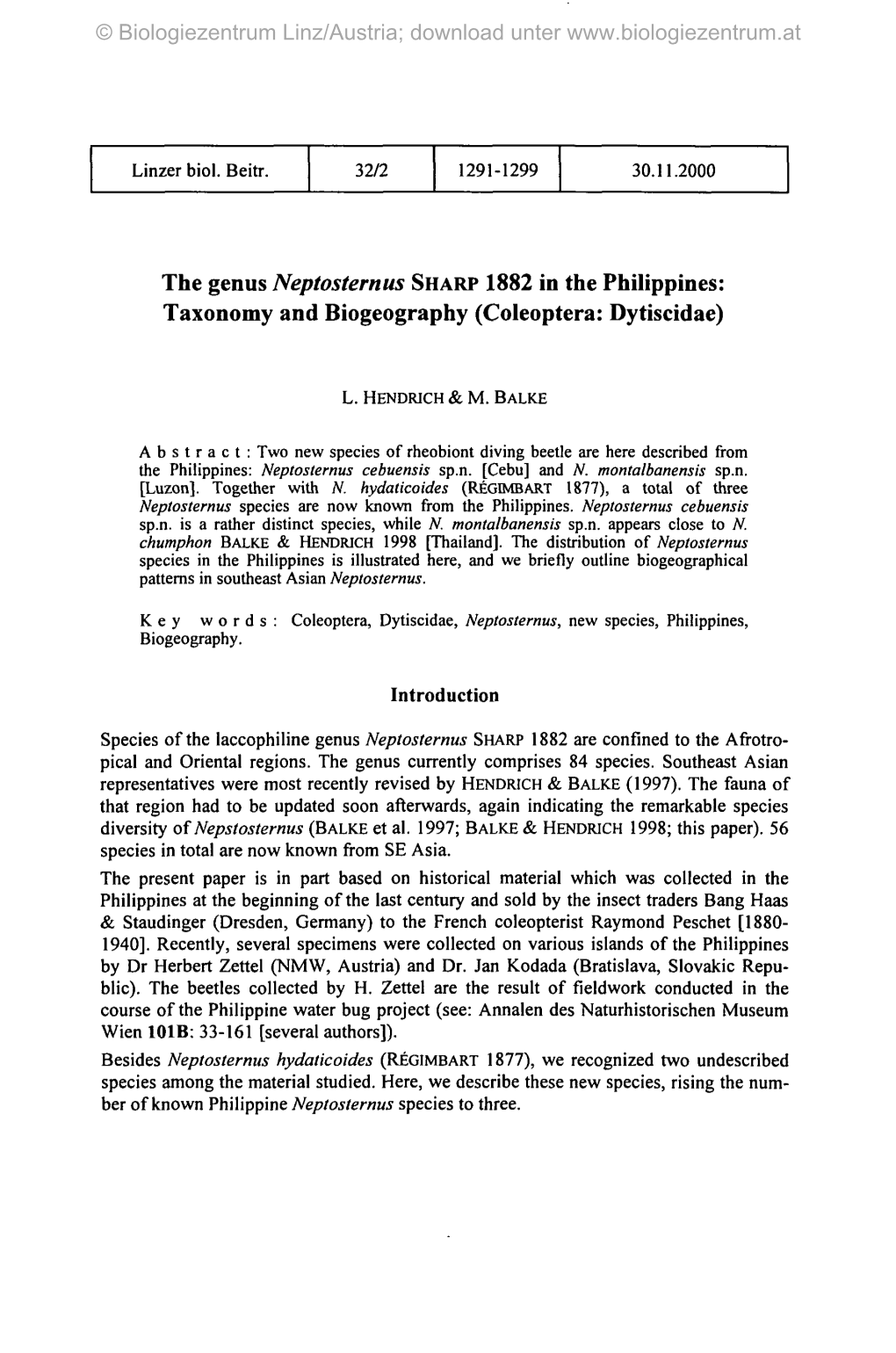 The Genus Neptosternus SHARP 1882 in the Philippines: Taxonomy and Biogeography (Coleoptera: Dytiscidae)