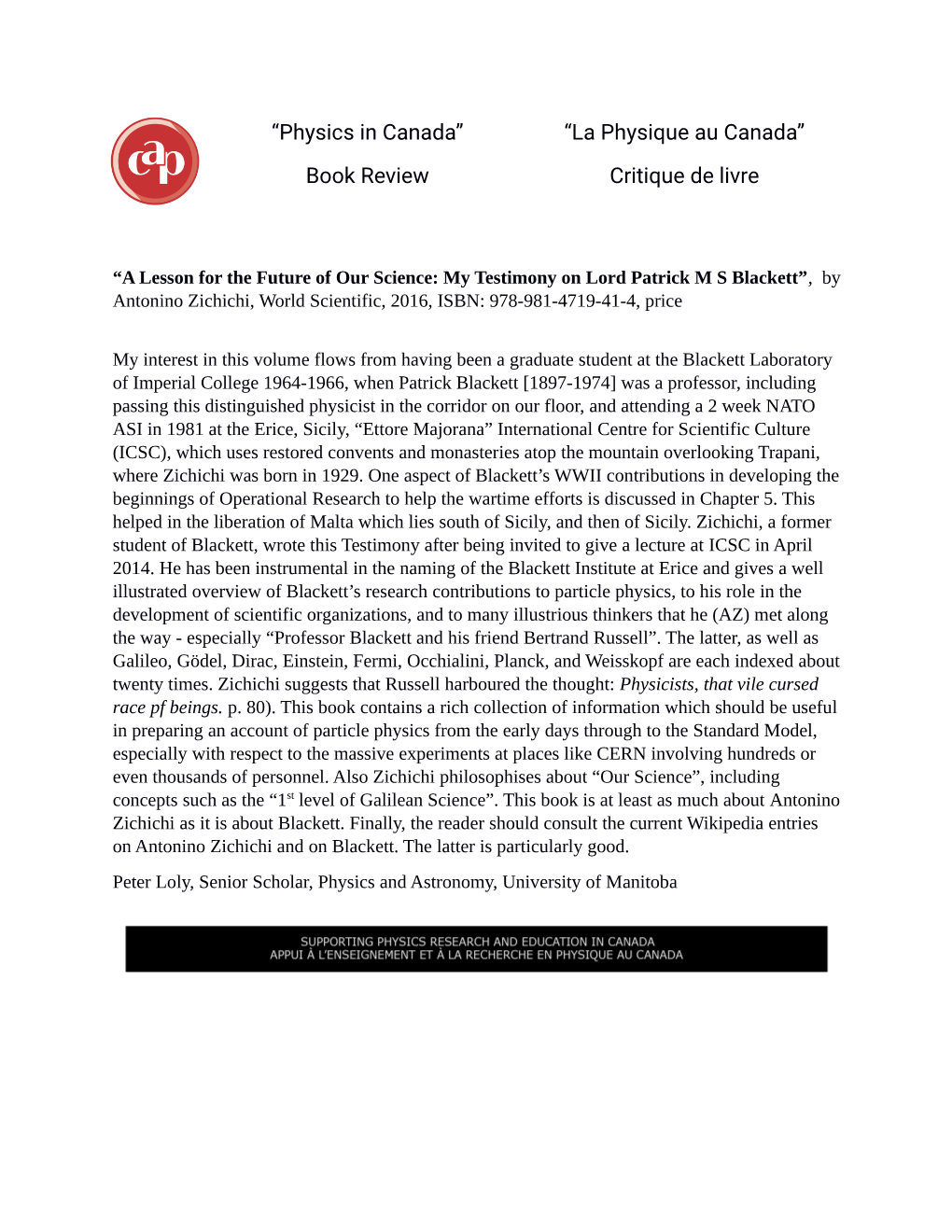 Book Review “La Physique Au Canada” Critique De Livre