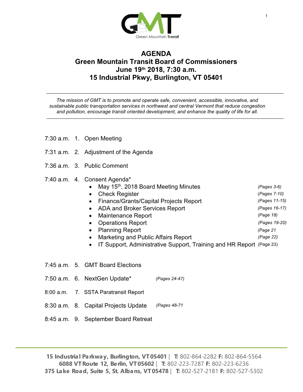 AGENDA Green Mountain Transit Board of Commissioners June 19Th 2018, 7:30 A.M