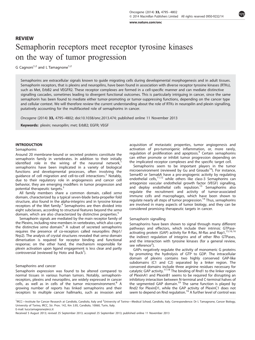 Semaphorin Receptors Meet Receptor Tyrosine Kinases on the Way of Tumor Progression