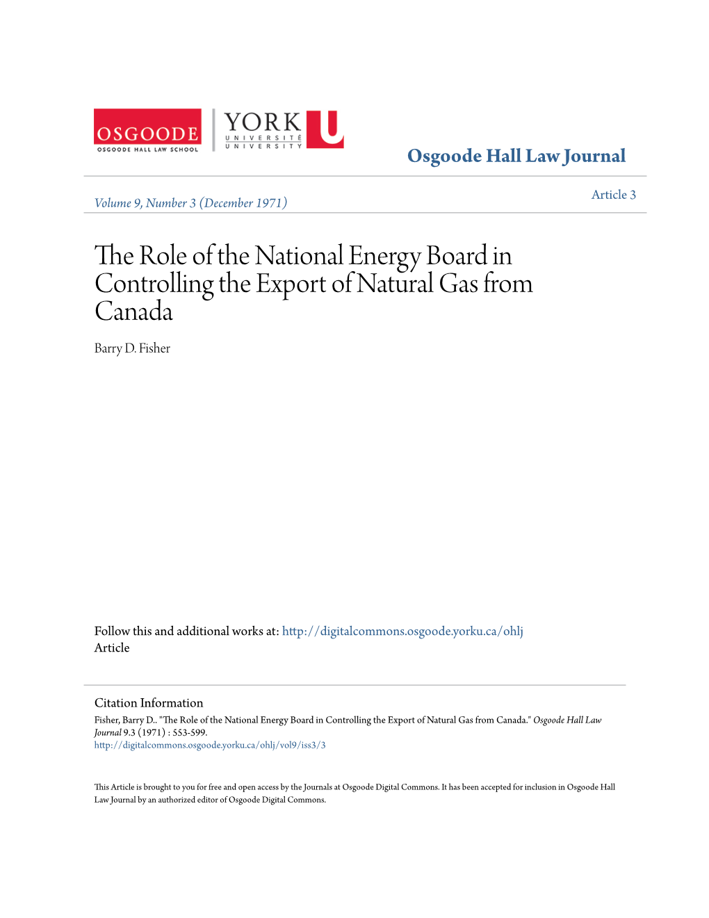 The Role of the National Energy Board in Controlling the Export of Natural Gas from Canada Barry D