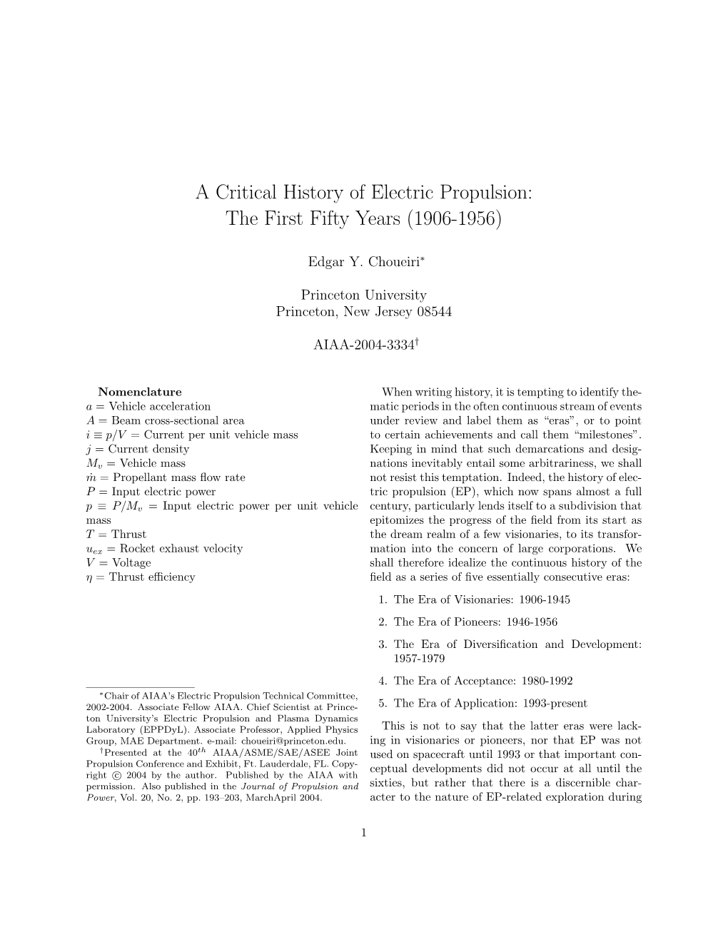 A Critical History of Electric Propulsion: the First Fifty Years (1906-1956)