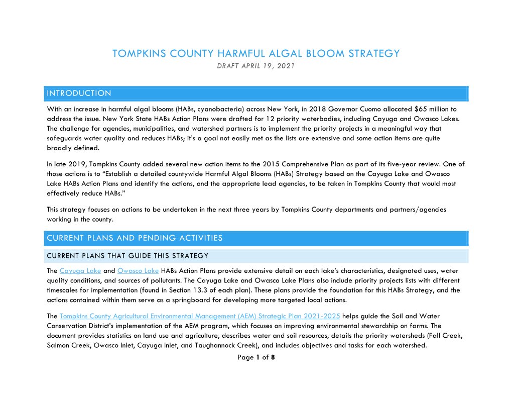 Tompkins County Harmful Algal Bloom Strategy Draft April 19, 2021