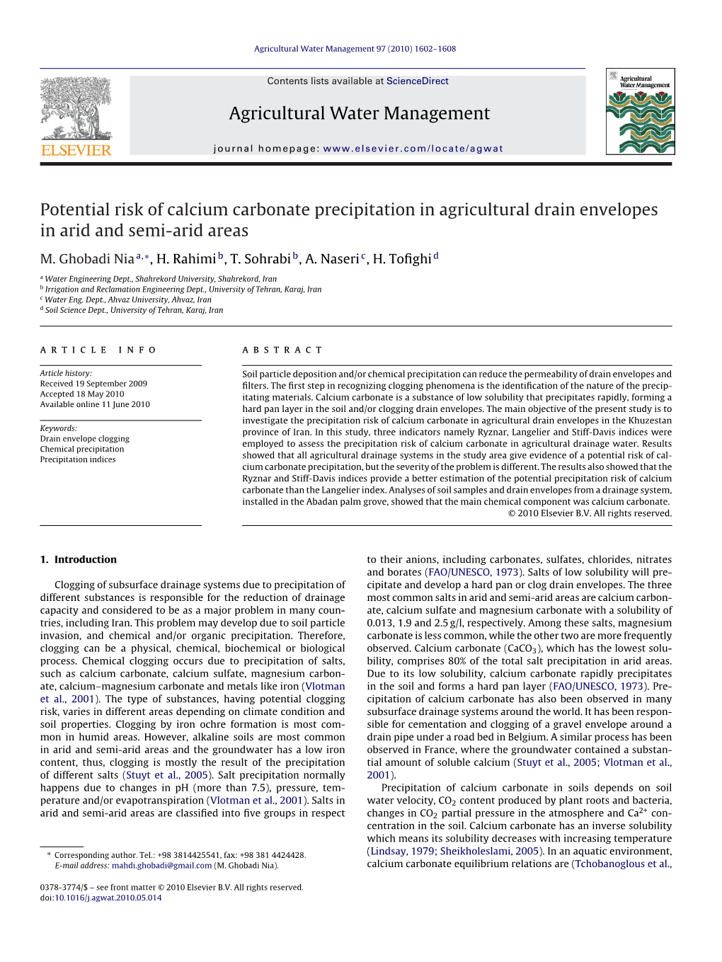 Potential Risk of Calcium Carbonate Precipitation in Agricultural Drain Envelopes in Arid and Semi-Arid Areas