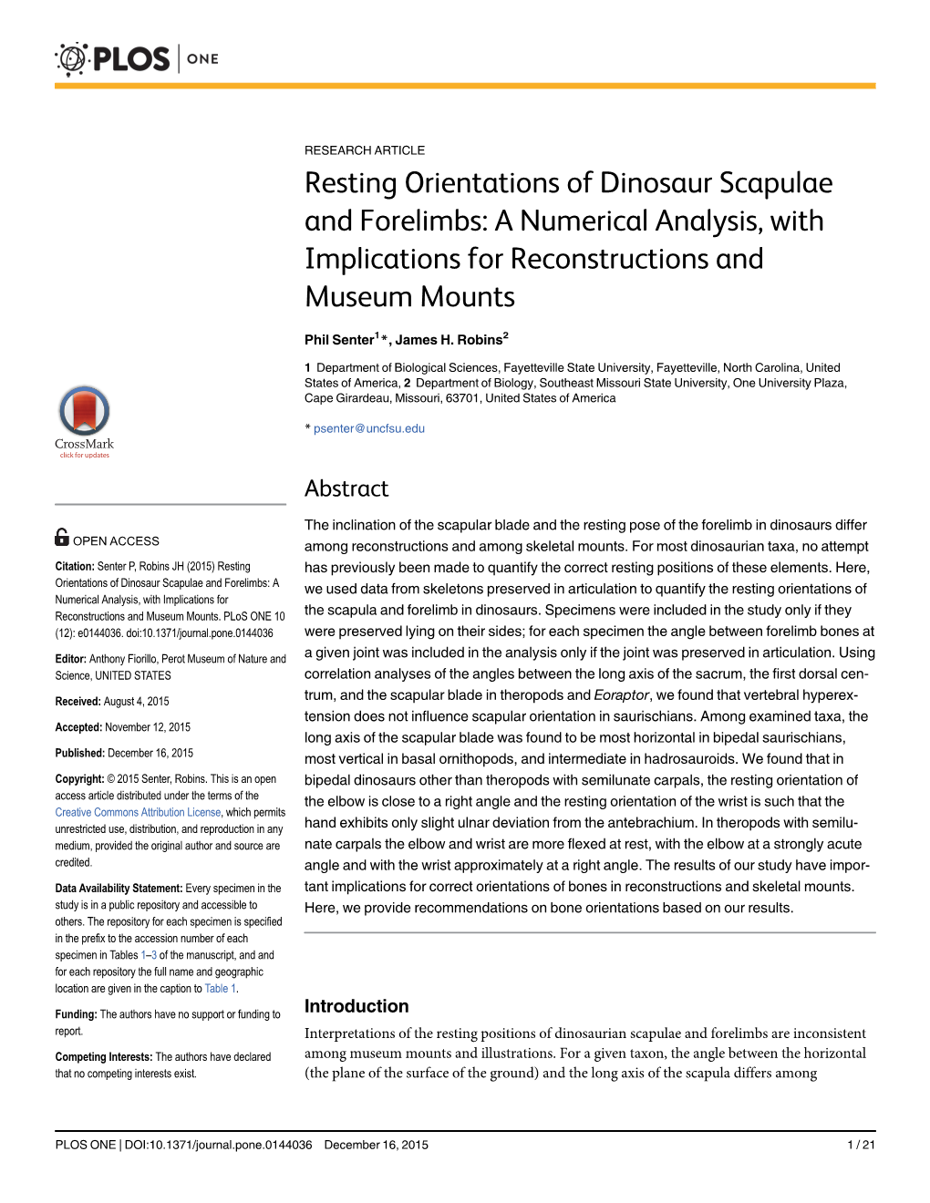 Resting Orientations of Dinosaur Scapulae and Forelimbs: a Numerical Analysis, with Implications for Reconstructions and Museum Mounts