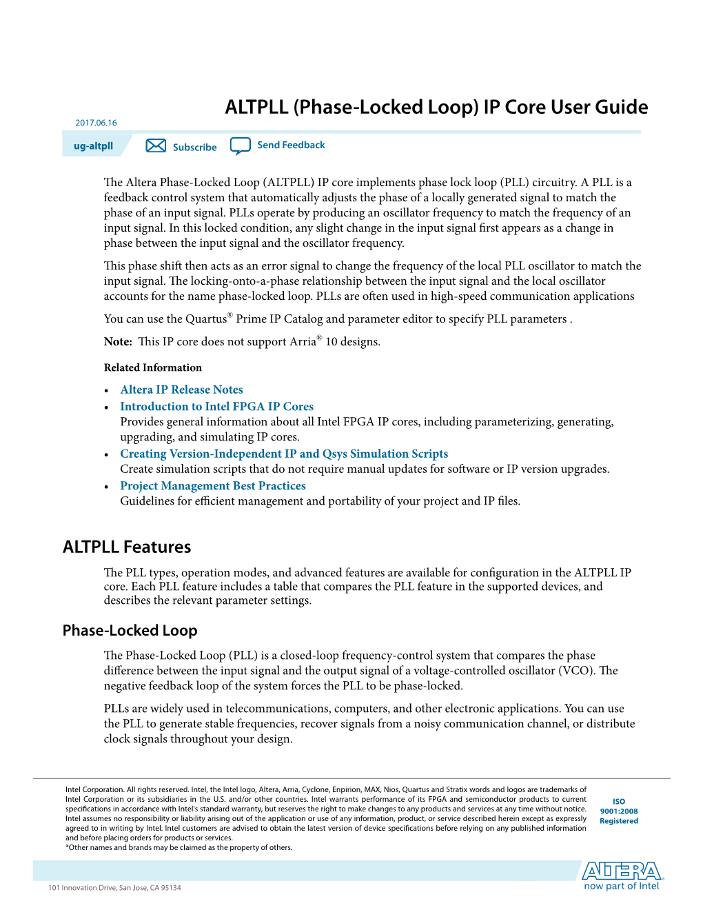 ALTPLL (Phase-Locked Loop) IP Core User Guide 2017.06.16