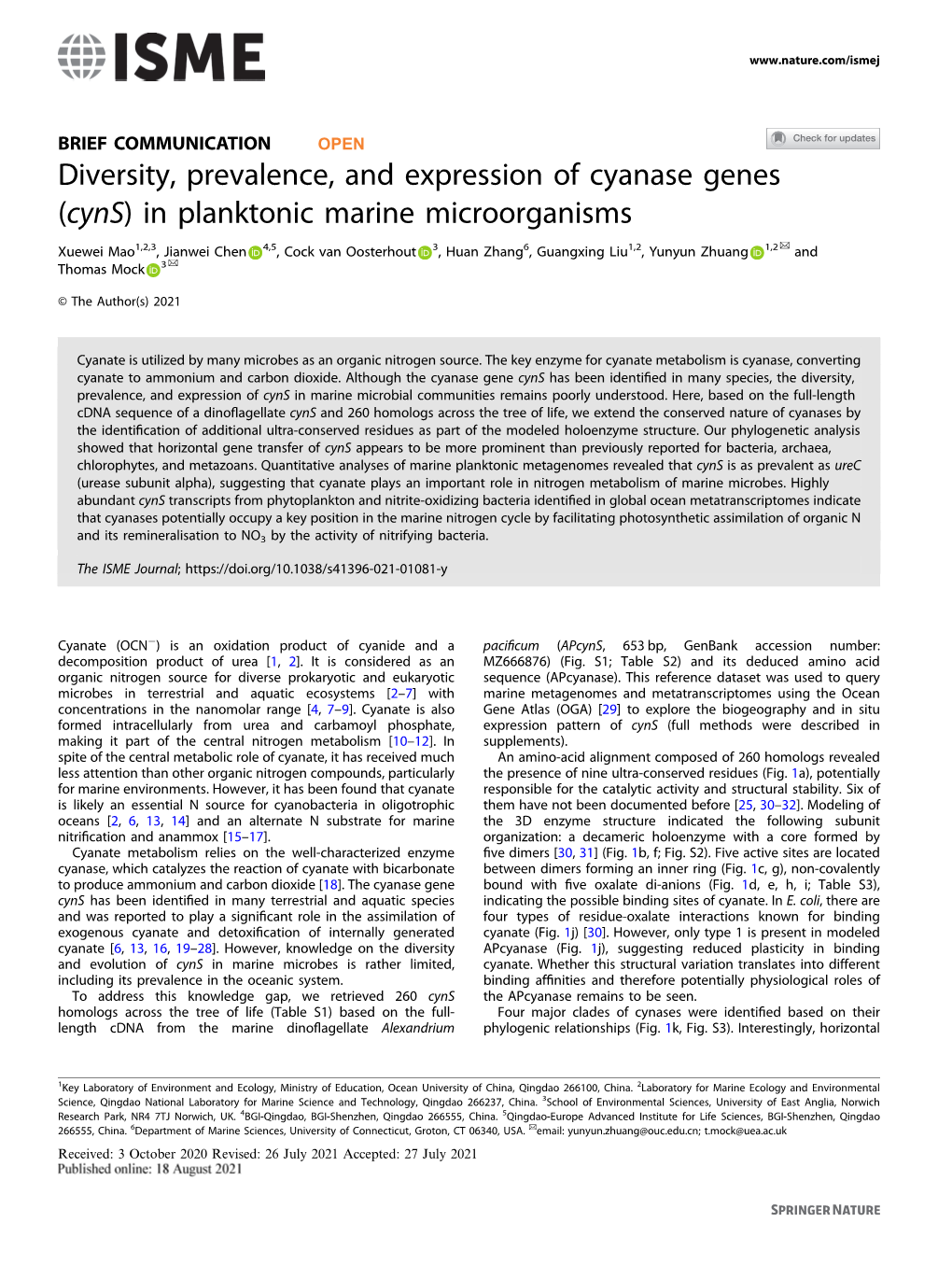 Diversity, Prevalence, and Expression of Cyanase Genes (Cyns) in Planktonic Marine Microorganisms