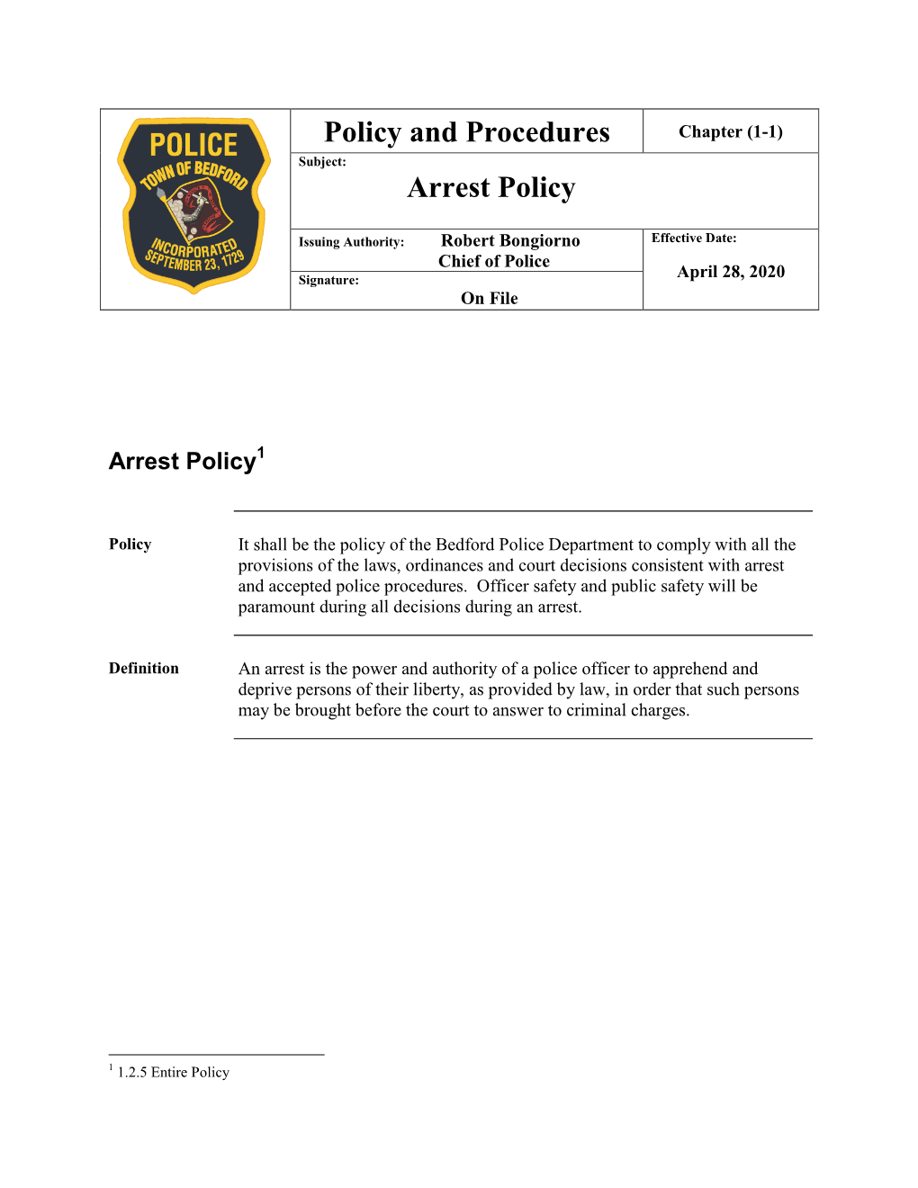 Policy and Procedures Arrest Policy