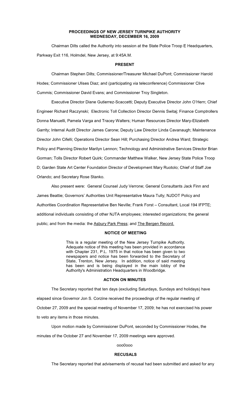 Proceedings of New Jersey Turnpike Authority Wednesday, December 16, 2009