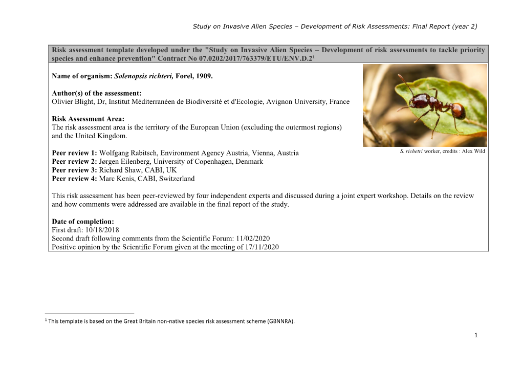 Study on Invasive Alien Species – Development of Risk Assessments to Tackle Priority Species and Enhance Prevention" Contract No 07.0202/2017/763379/ETU/ENV.D.21