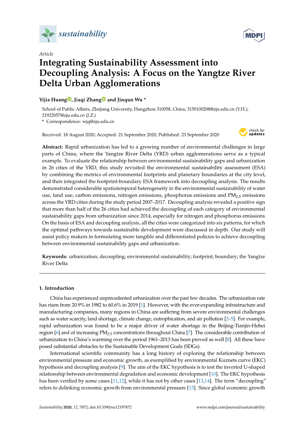 Integrating Sustainability Assessment Into Decoupling Analysis: a Focus on the Yangtze River Delta Urban Agglomerations