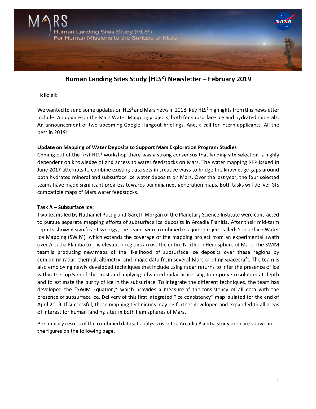 Human Landing Sites Study (HLS2) Newsletter – February 2019