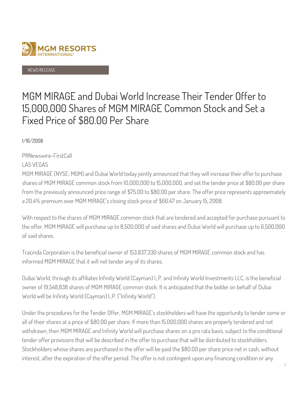 MGM MIRAGE and Dubai World Increase Their Tender Offer to 15,000,000 Shares of MGM MIRAGE Common Stock and Set a Fixed Price of $80.00 Per Share