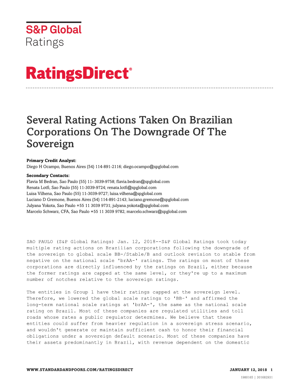 Several Rating Actions Taken on Brazilian Corporations on the Downgrade of the Sovereign