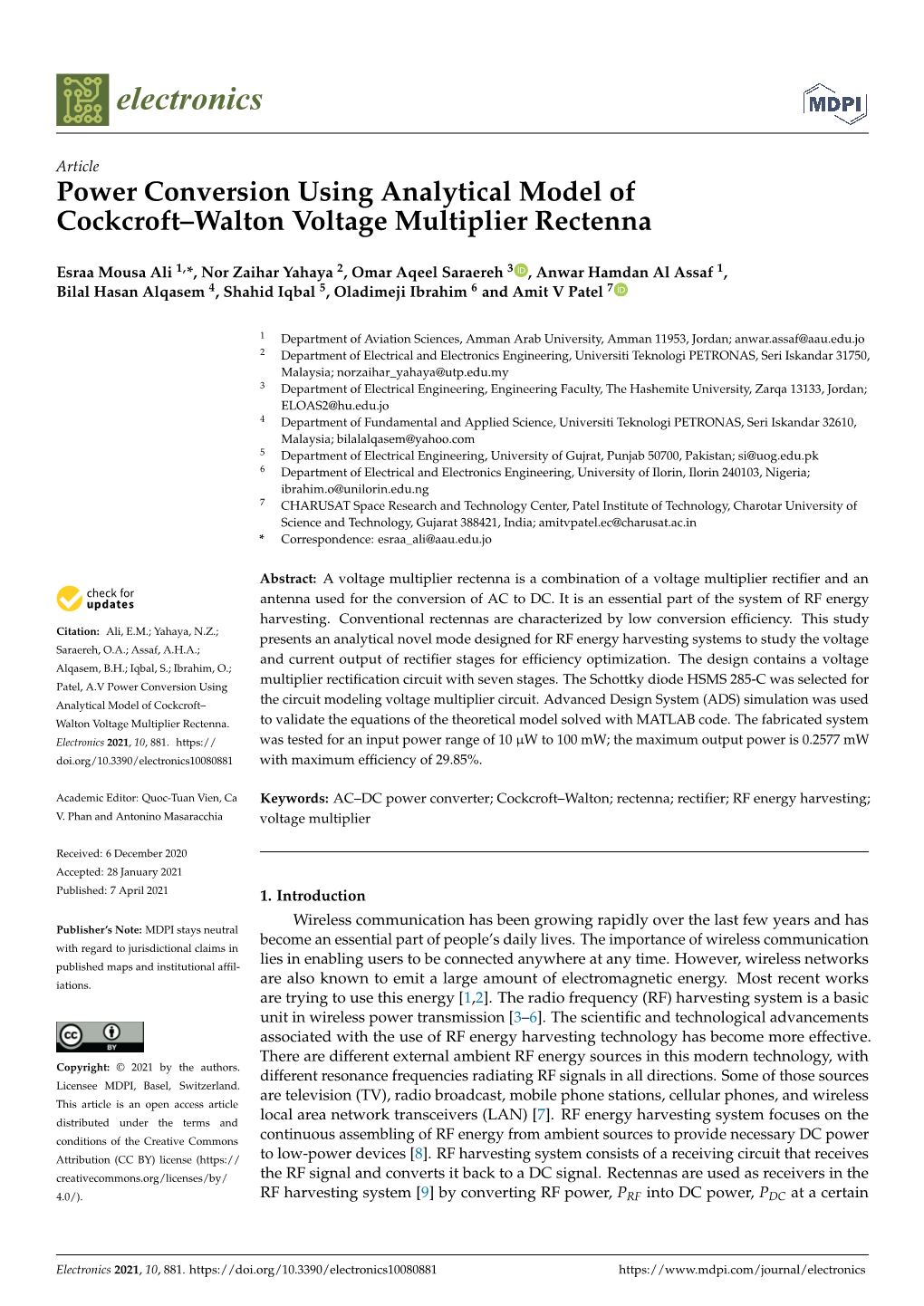Power Conversion Using Analytical Model of Cockcroft–Walton Voltage Multiplier Rectenna