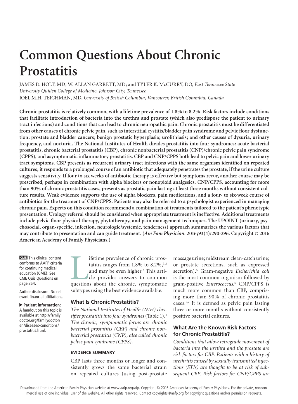 Common Questions About Chronic Prostatitis JAMES D