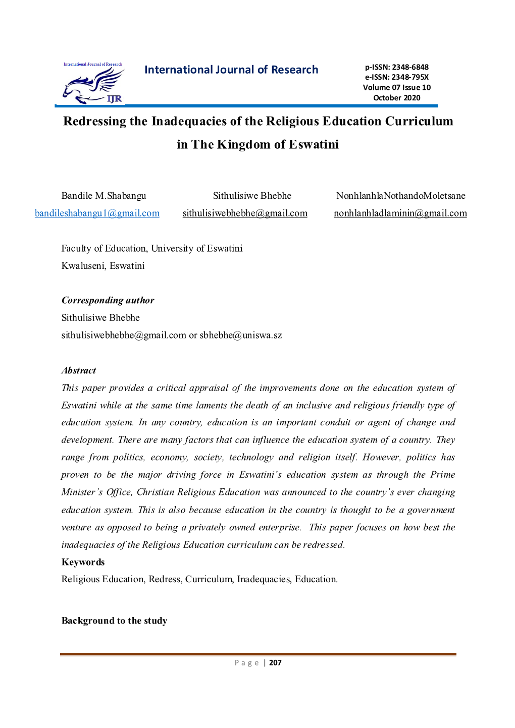 Redressing the Inadequacies of the Religious Education Curriculum in the Kingdom of Eswatini