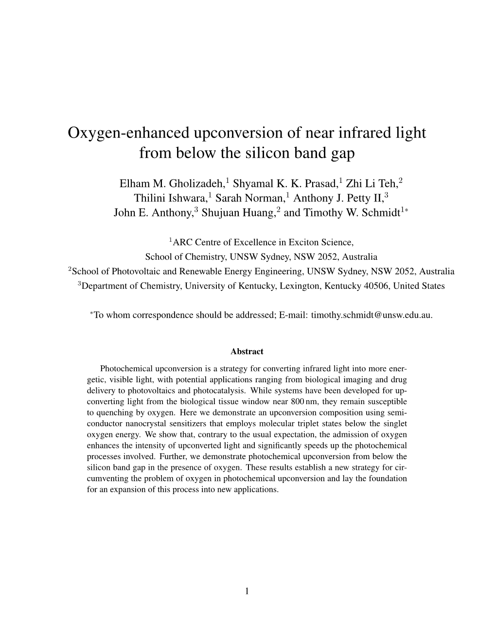 Oxygen-Enhanced Upconversion of Near Infrared Light from Below the Silicon Band Gap