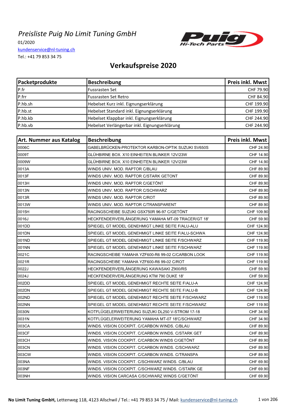 Preisliste Puig No Limit Tuning Gmbh Verkaufspreise 2020