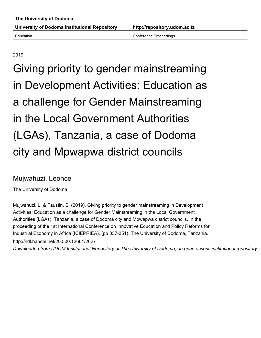 Education As a Challenge for Gender Mainstreaming in the Local Government Authorities (Lgas), Tanzania, a Case of Dodoma City and Mpwapwa District Councils