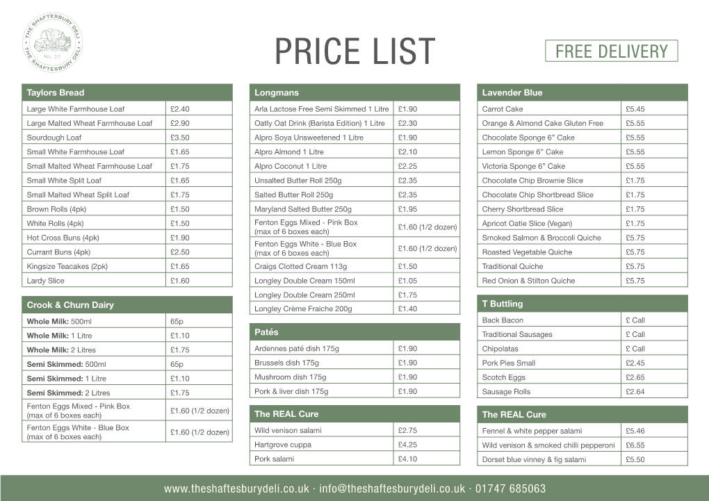 Price List Free Delivery