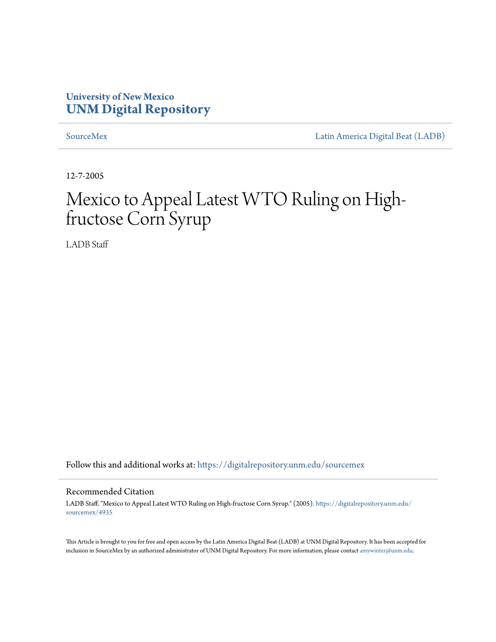 Mexico to Appeal Latest WTO Ruling on High-Fructose Corn Syrup." (2005)