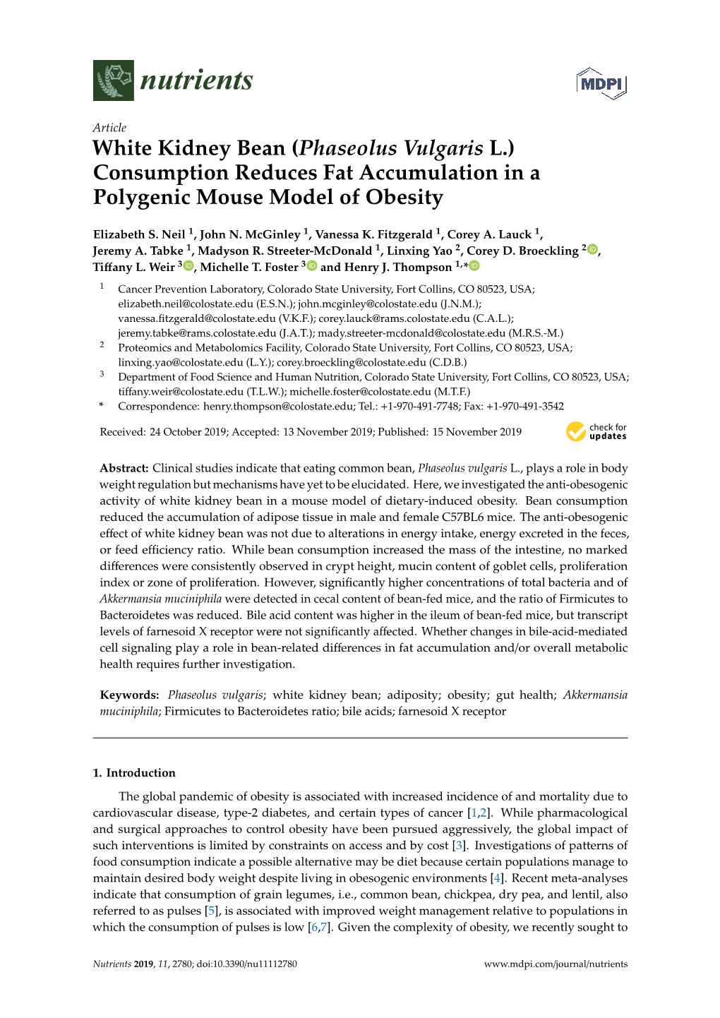 White Kidney Bean (Phaseolus Vulgaris L.) Consumption Reduces Fat Accumulation in a Polygenic Mouse Model of Obesity