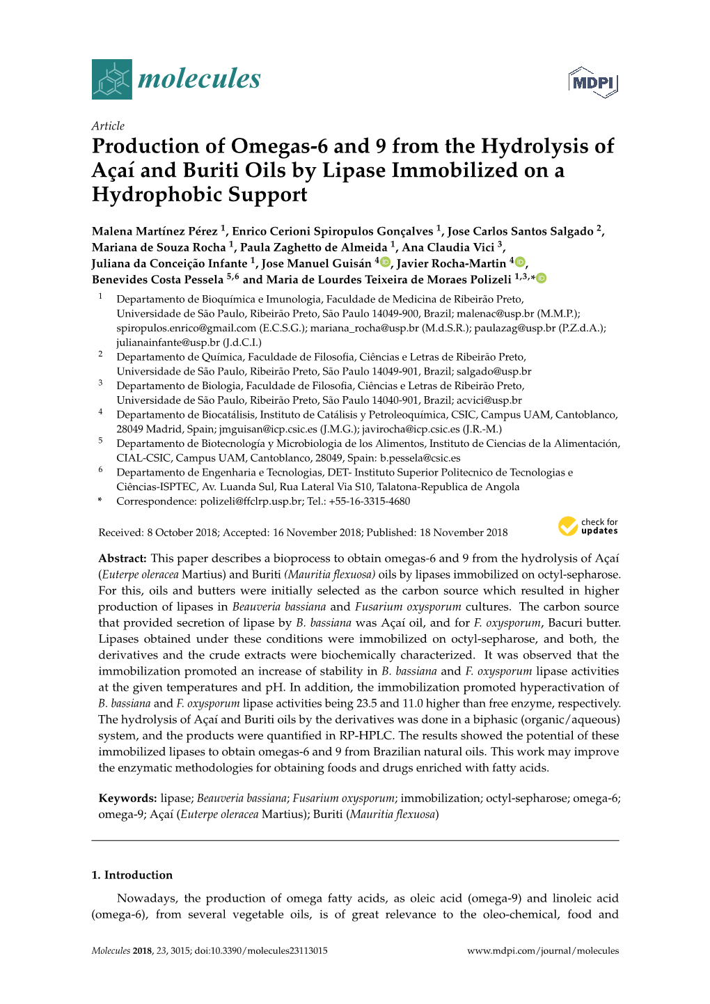 Production of Omegas-6 and 9 from the Hydrolysis of Açaí and Buriti Oils by Lipase Immobilized on a Hydrophobic Support