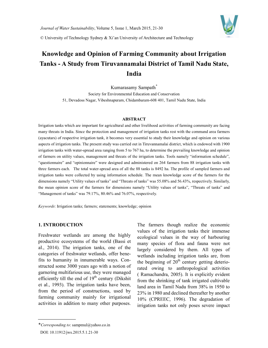 Knowledge and Opinion of Farming Community About Irrigation Tanks - a Study from Tiruvannamalai District of Tamil Nadu State, India