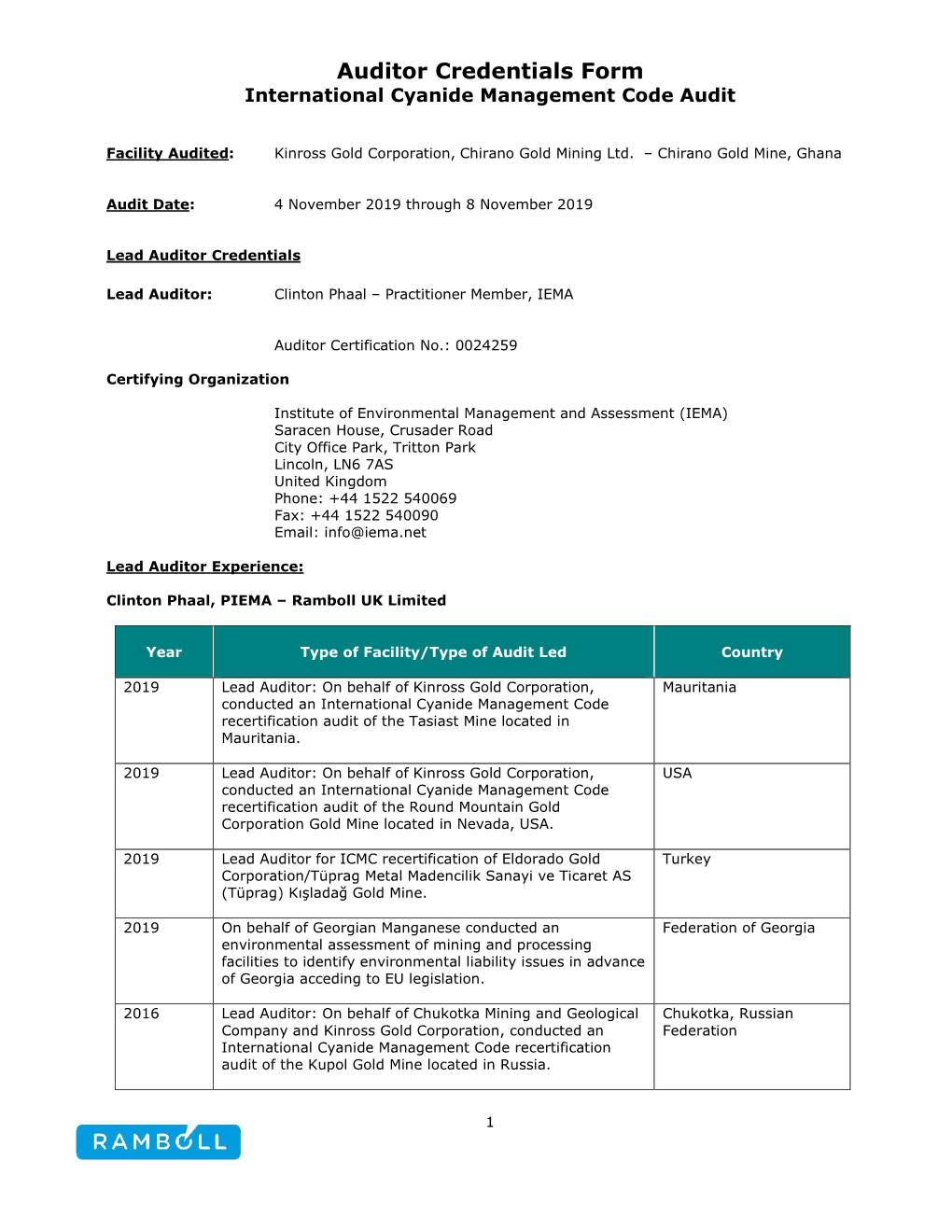 Auditor Credentials Form International Cyanide Management Code Audit