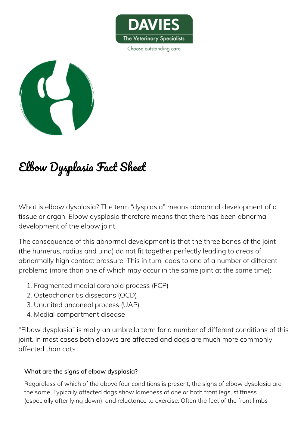 Elbow Dysplasia Fact Sheet – Davies Veterinary Specialists