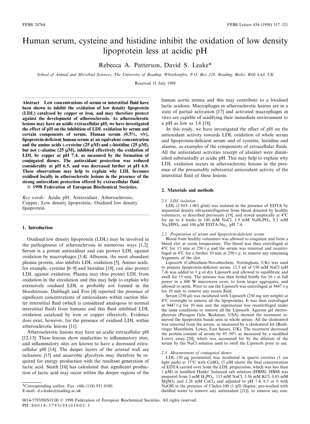 Human Serum, Cysteine and Histidine Inhibit the Oxidation of Low Density Lipoprotein Less at Acidic Ph