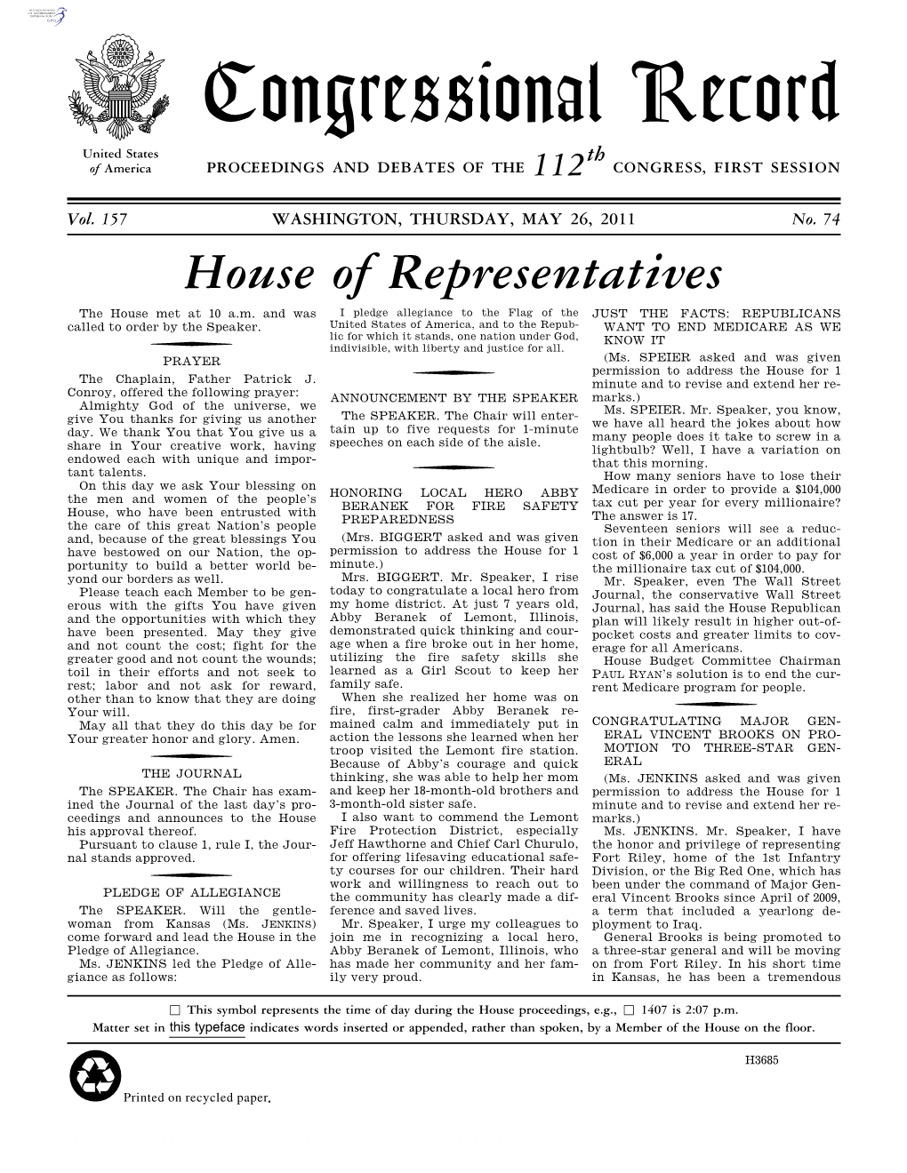 Congressional Record United States Th of America PROCEEDINGS and DEBATES of the 112 CONGRESS, FIRST SESSION