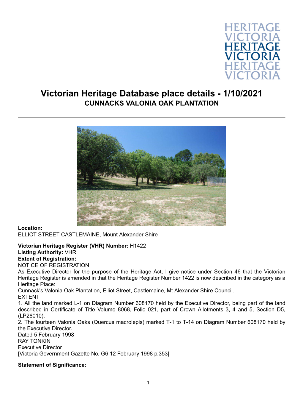 Victorian Heritage Database Place Details - 1/10/2021 CUNNACKS VALONIA OAK PLANTATION