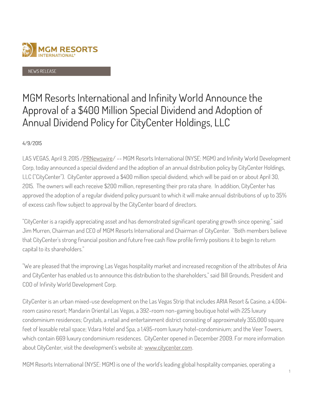 MGM Resorts International and Infinity World Announce the Approval of A