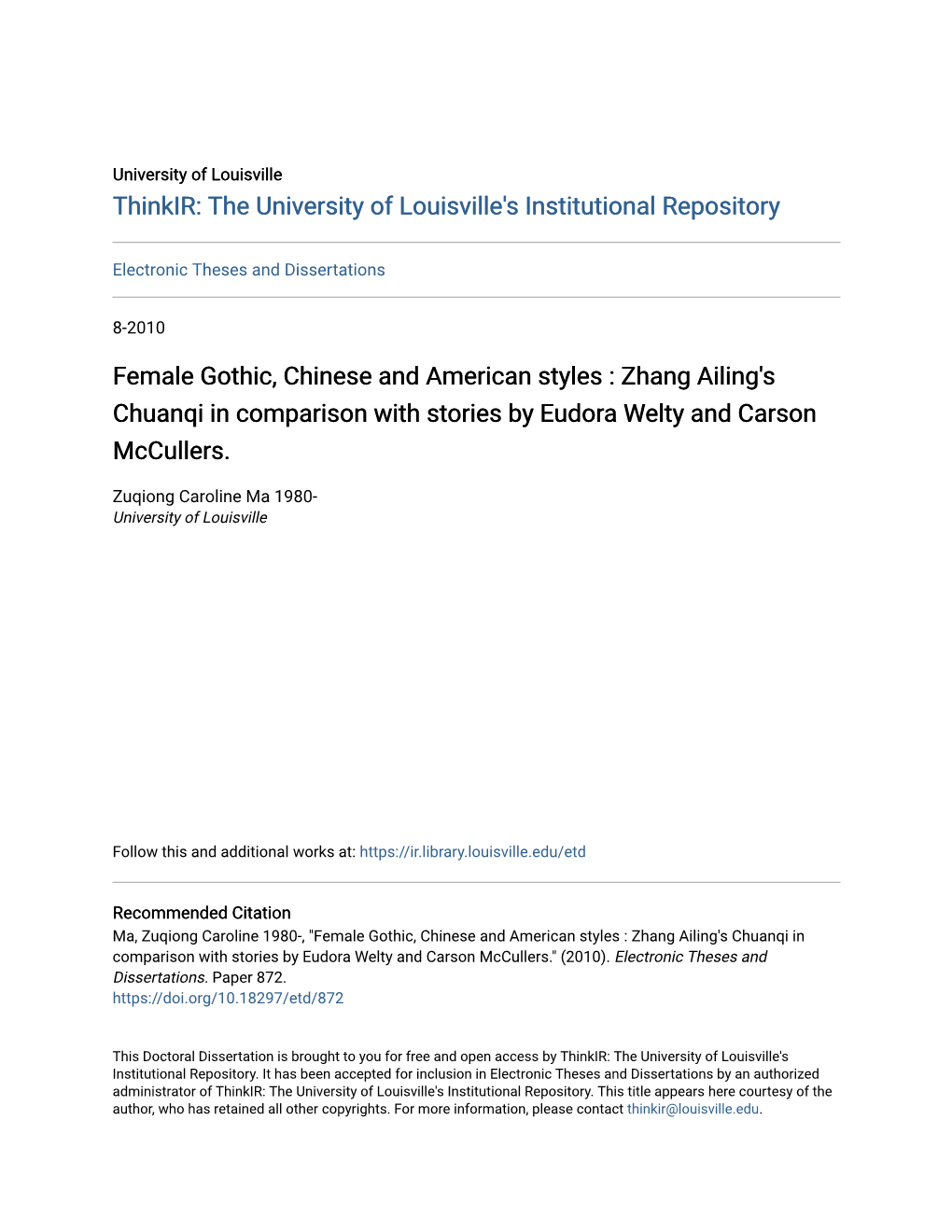 Female Gothic, Chinese and American Styles : Zhang Ailing's Chuanqi in Comparison with Stories by Eudora Welty and Carson Mccullers