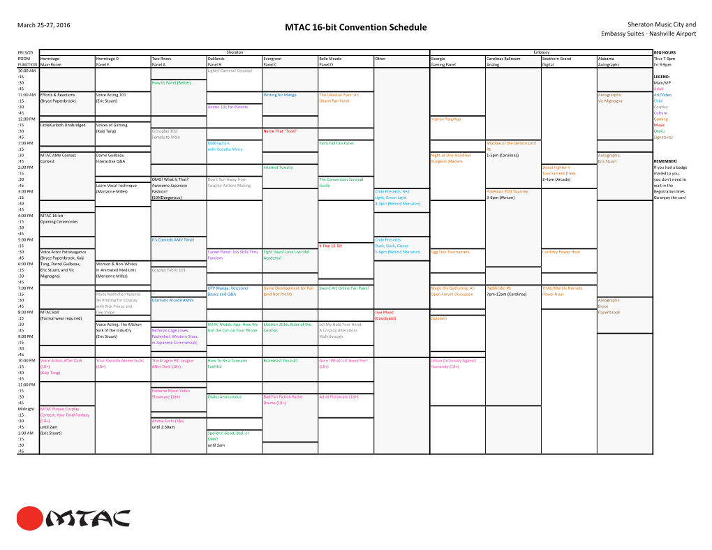 MTAC 16-Bit Convention Schedule Sheraton Music City and Embassy Suites - Nashville Airport