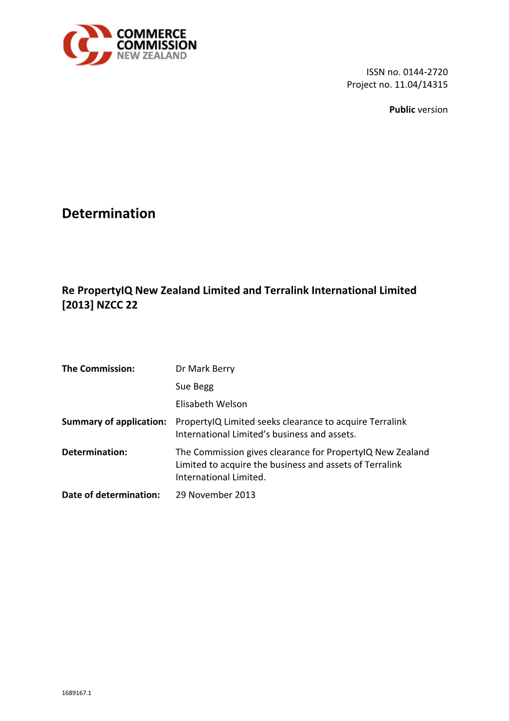 [2013] NZCC 22 Propertyiq and Terralink Clearance Determination