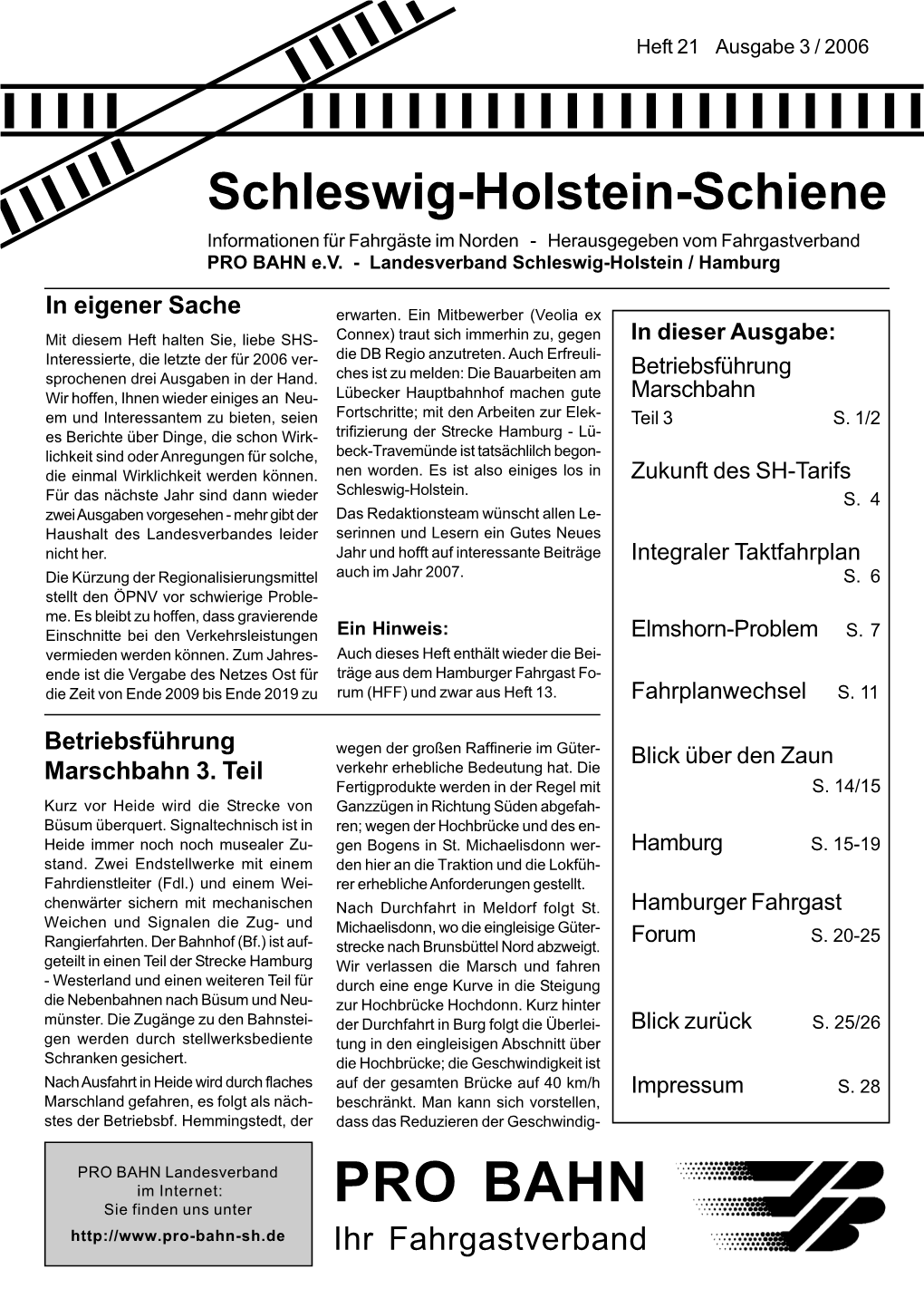 Schleswig-Holstein-Schiene Informationen Für Fahrgäste Im Norden - Herausgegeben Vom Fahrgastverband PRO BAHN E.V