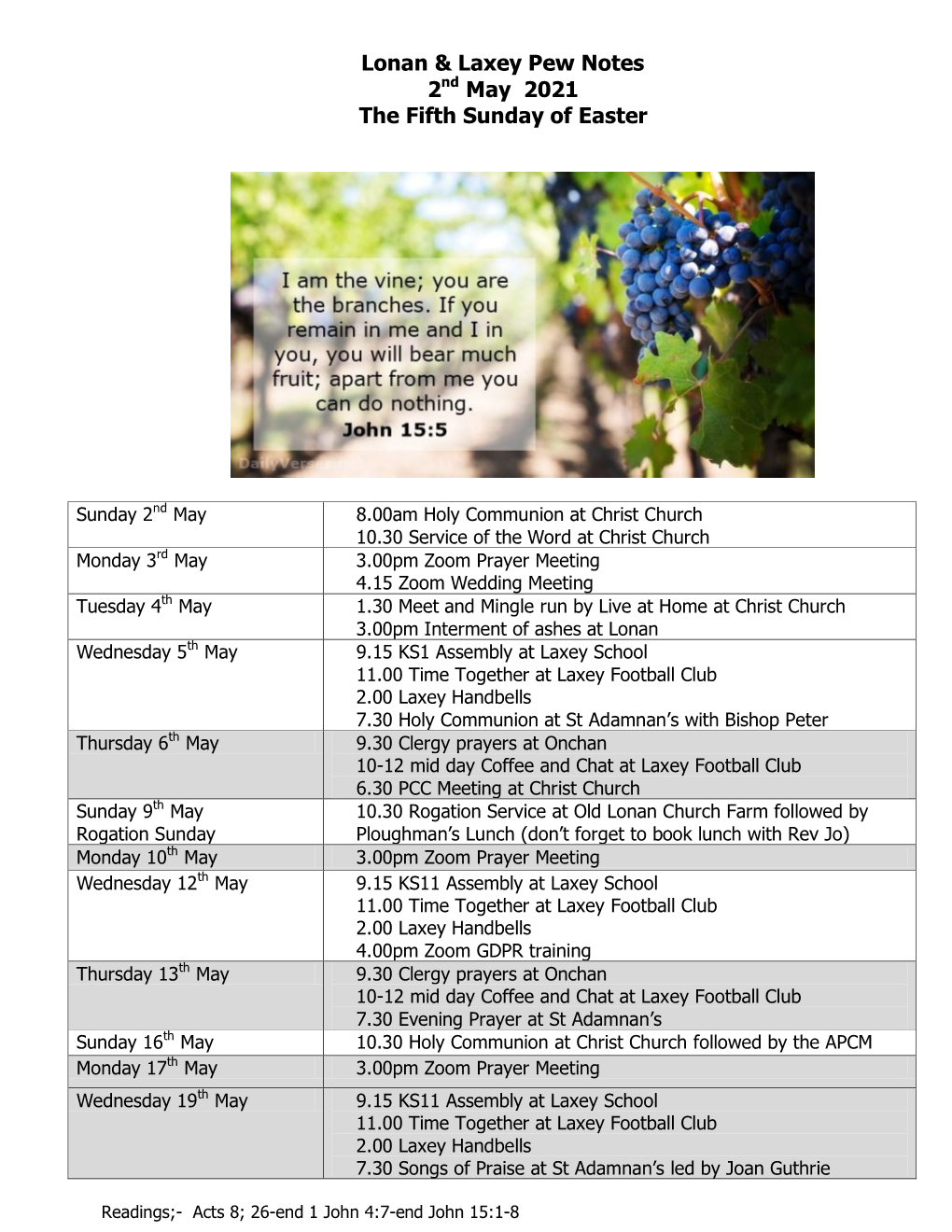 Lonan & Laxey Pew Notes 2Nd May 2021 the Fifth Sunday of Easter