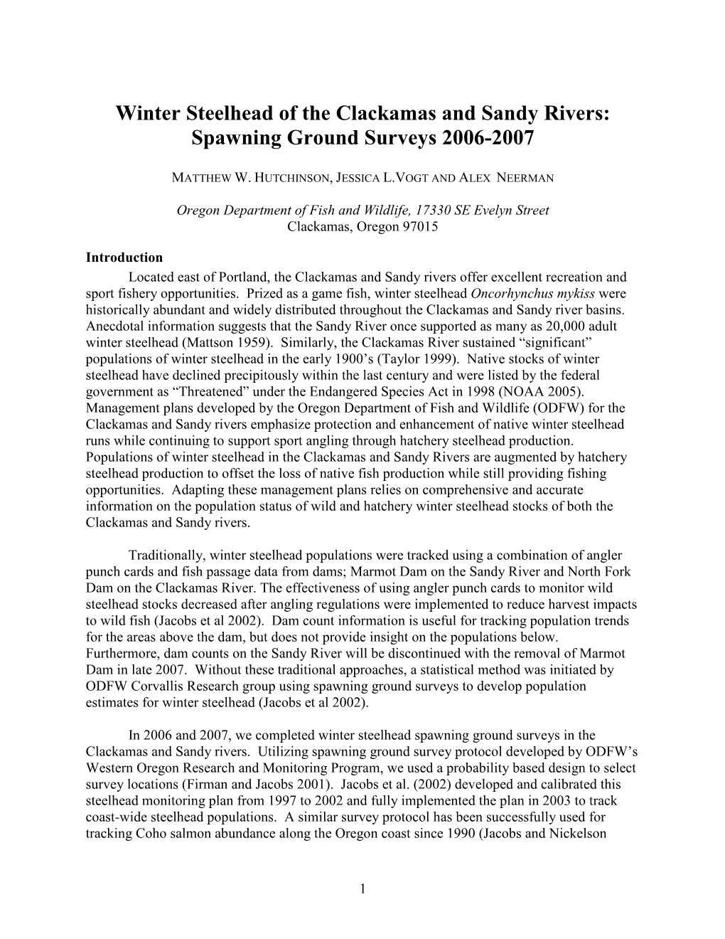 Winter Steelhead of the Clackamas and Sandy Rivers: Spawning Ground Surveys 2006-7