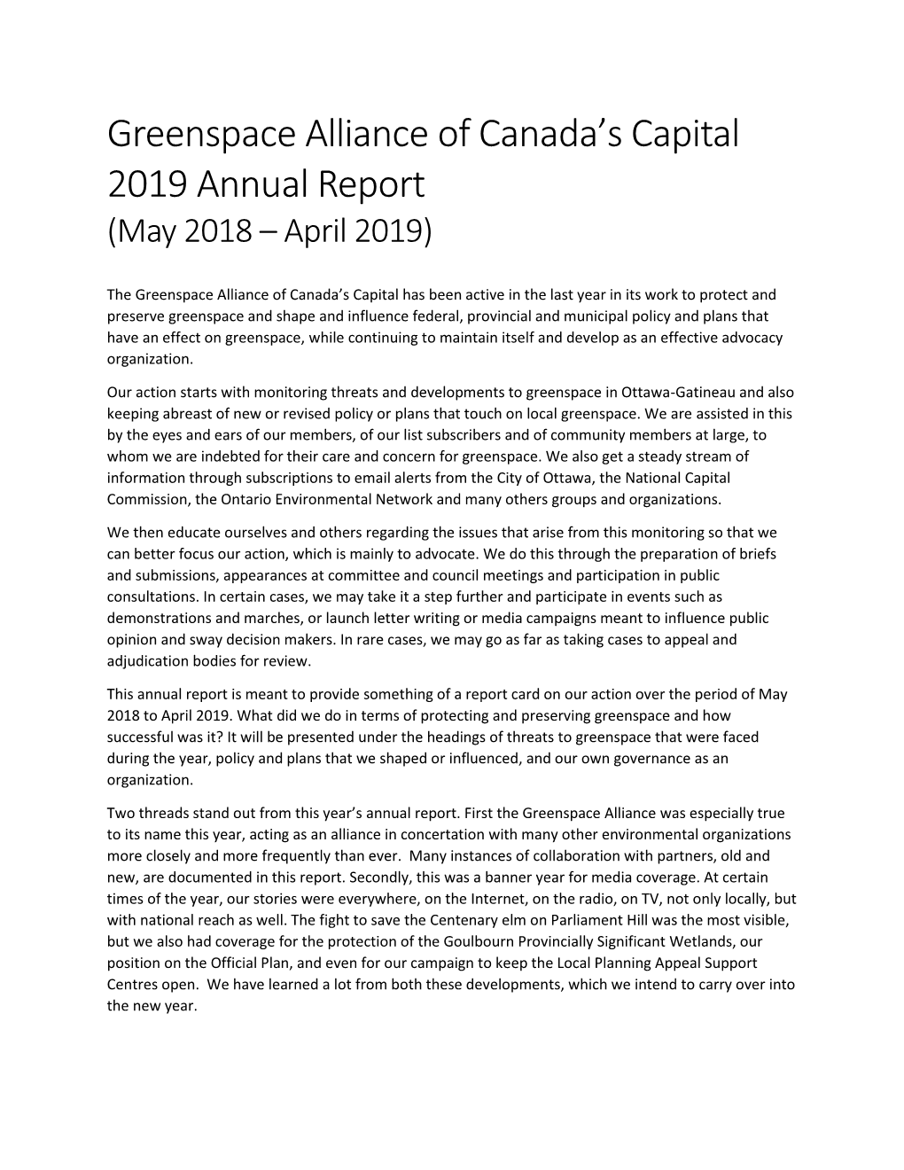 Greenspace Alliance of Canada's Capital 2019 Annual Report