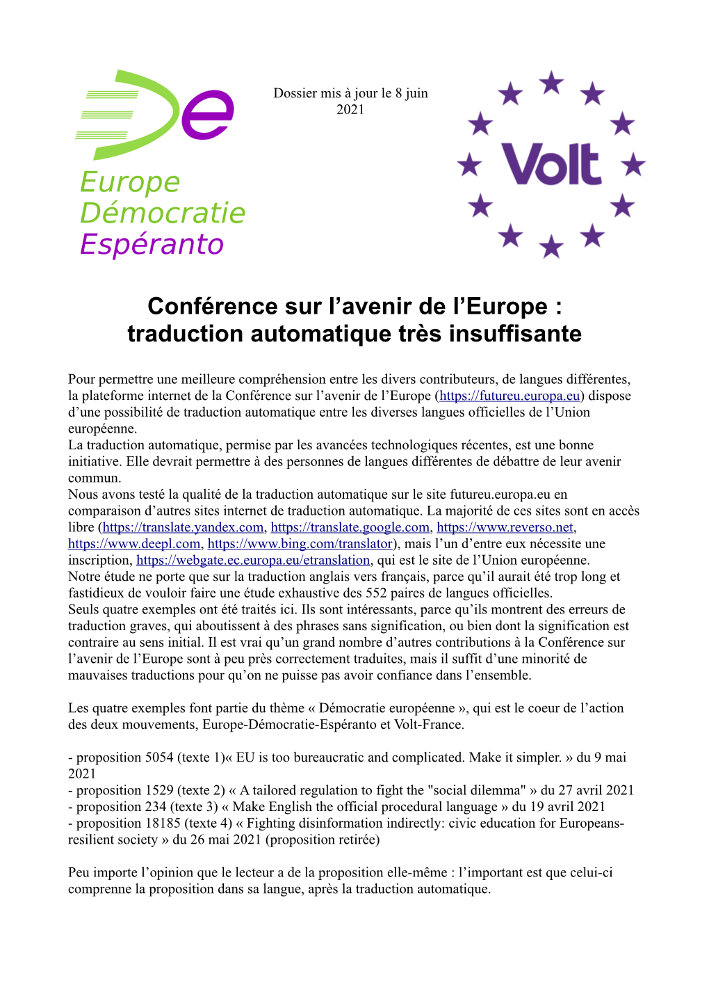 Conférence Sur L'avenir De L'europe : Traduction Automatique Très