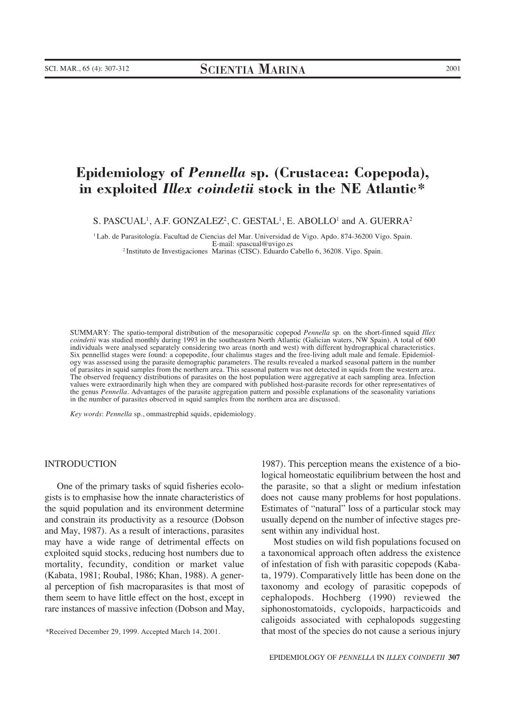 (Crustacea: Copepoda), in Exploited Illex Coindetii Stock in the NE Atlantic*
